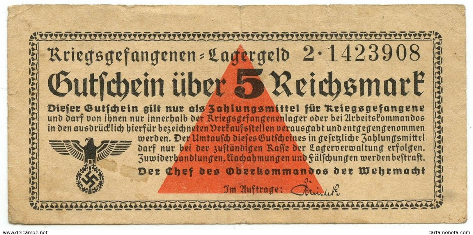 5 REICHSMARK PRIGIONIERI DI GUERRA WWII GERMANIA LAGERGELD 1939-1945 BB/BB+ - Other & Unclassified