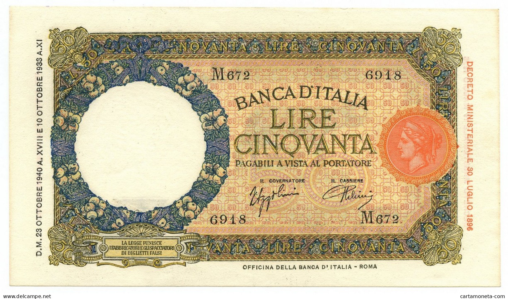 50 LIRE CAPRANESI LUPA CAPITOLINA MARGINE LARGO FASCIO ROMA 23/10/1940 SPL/SPL+ - Regno D'Italia – Autres