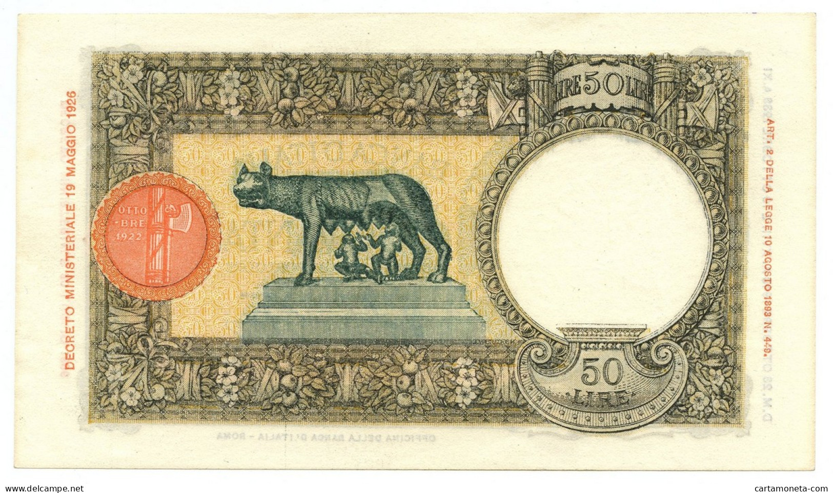 50 LIRE CAPRANESI LUPA CAPITOLINA MARGINE LARGO FASCIO ROMA 23/10/1940 SPL/SPL+ - Regno D'Italia – Autres