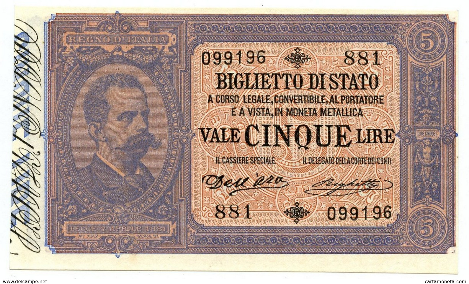 5 LIRE BIGLIETTO DI STATO EFFIGE UMBERTO I 25/10/1892 FDS-/FDS - Regno D'Italia – Other