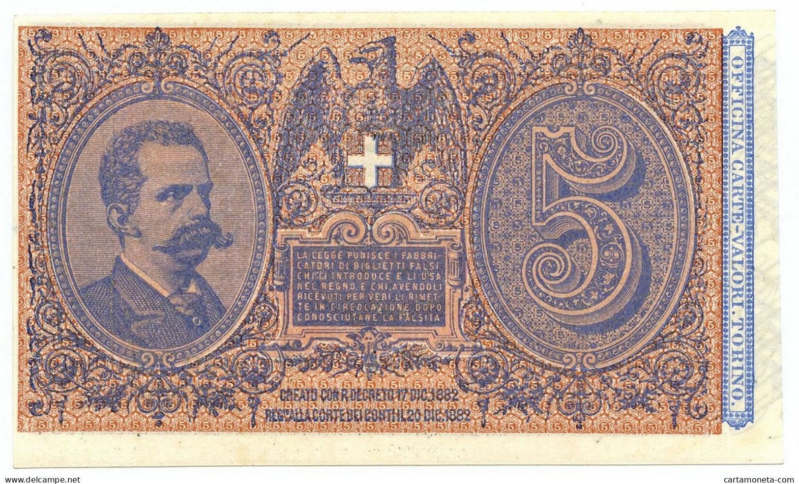 5 LIRE BIGLIETTO DI STATO EFFIGE UMBERTO I 25/10/1892 FDS-/FDS - Sonstige