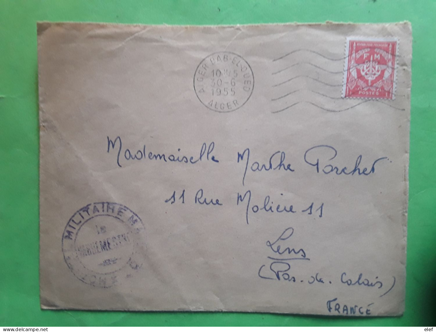 Algérie Lettre FM Guerre ALGER BAB EL OUED, Yvert No 12, Cachet Vaguemestre HOPITAL MAILLOT,1955 > LENS Pas De Calais - Algerienkrieg