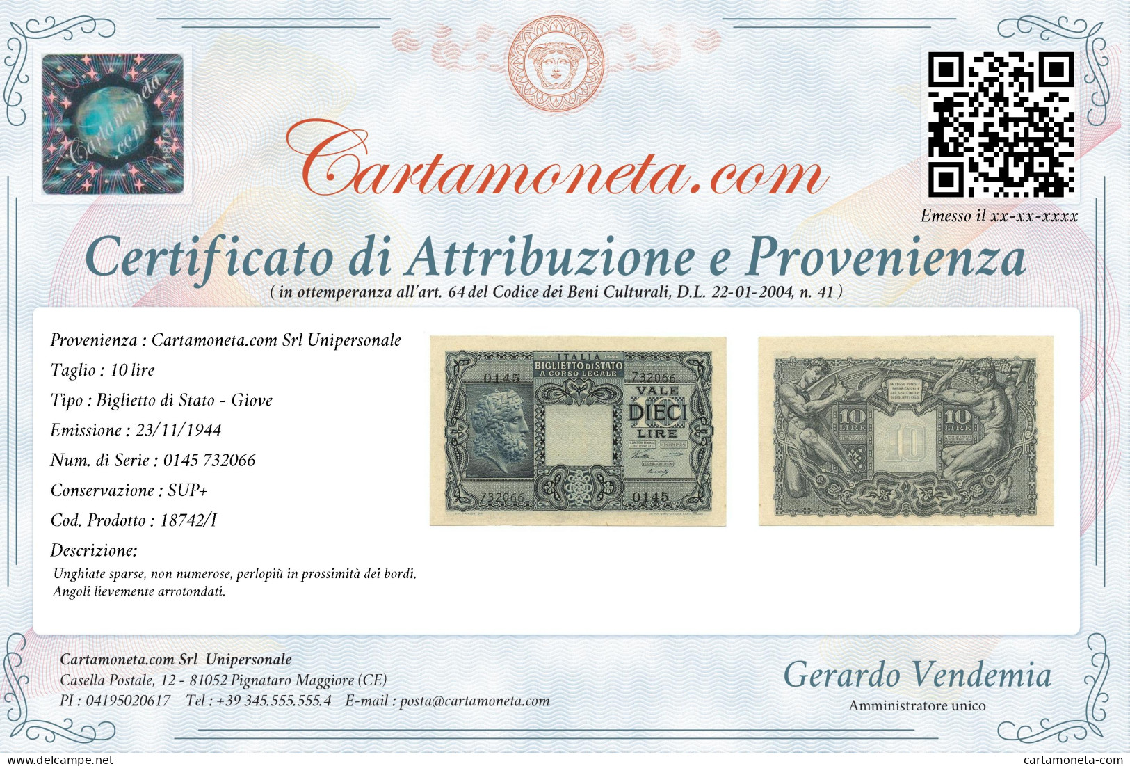 10 LIRE BIGLIETTO STATO GIOVE LUOGOTENENZA UMBERTO VENTURA 23/11/1944 SUP+ - Regno D'Italia - Altri