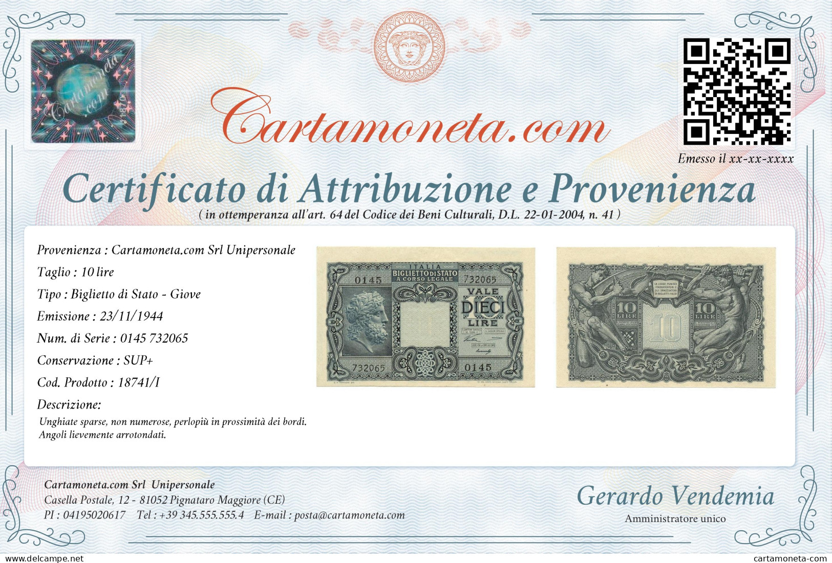 10 LIRE BIGLIETTO STATO GIOVE LUOGOTENENZA UMBERTO VENTURA 23/11/1944 SUP+ - Regno D'Italia – Other