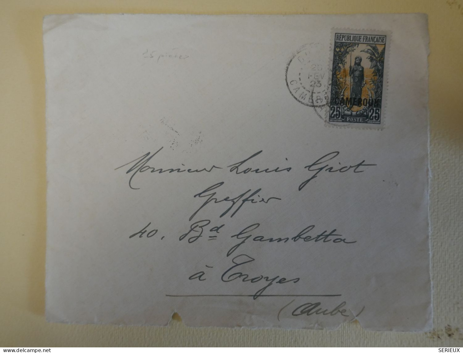 BU14 CAMEROUN FRANCAIS LETTRE DEVANT 1923  A TROYES FRANCE+SURCHARGE SUR FEMME BAKALOI + AFF. INTERESSANT ++ - Brieven En Documenten