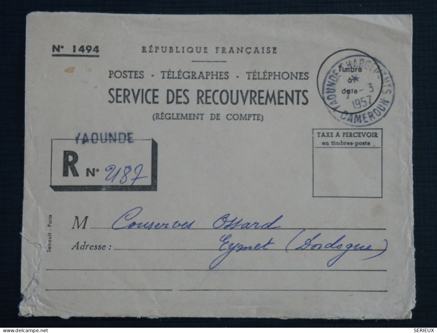 BU14 CAMEROUN FRANCAIS LETTRE RECOUVREMENT 1957  YAOUNDE A EYMET  FRANCE + AFF. INTERESSANT ++ - Covers & Documents