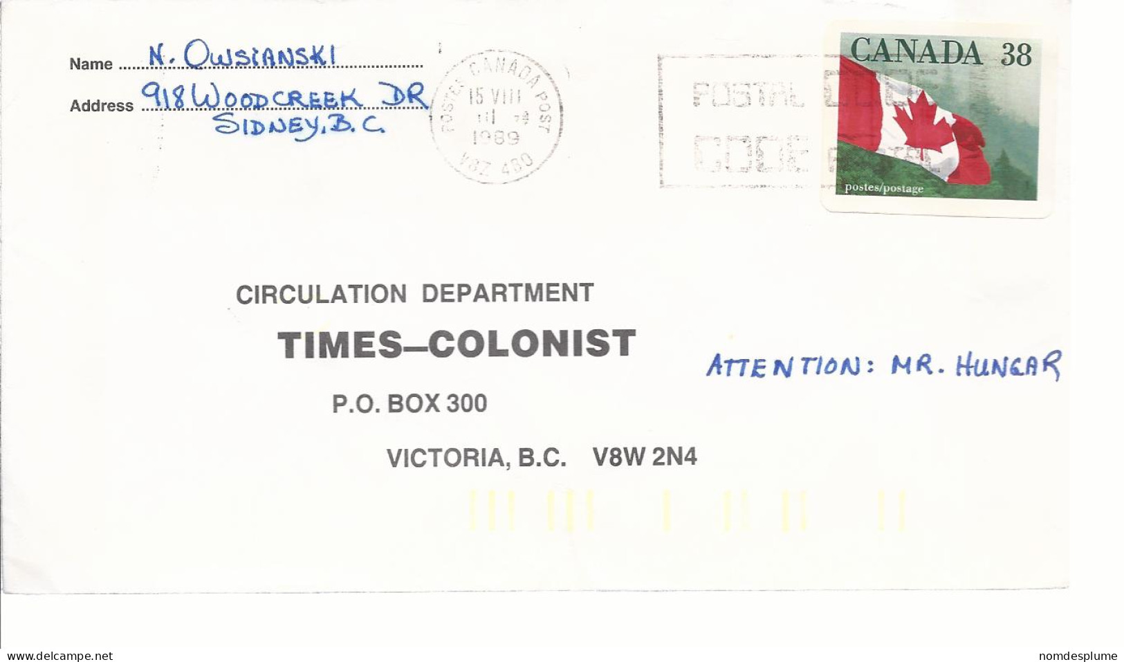 19607) Canada Postmark Cancel 1989 - Brieven En Documenten