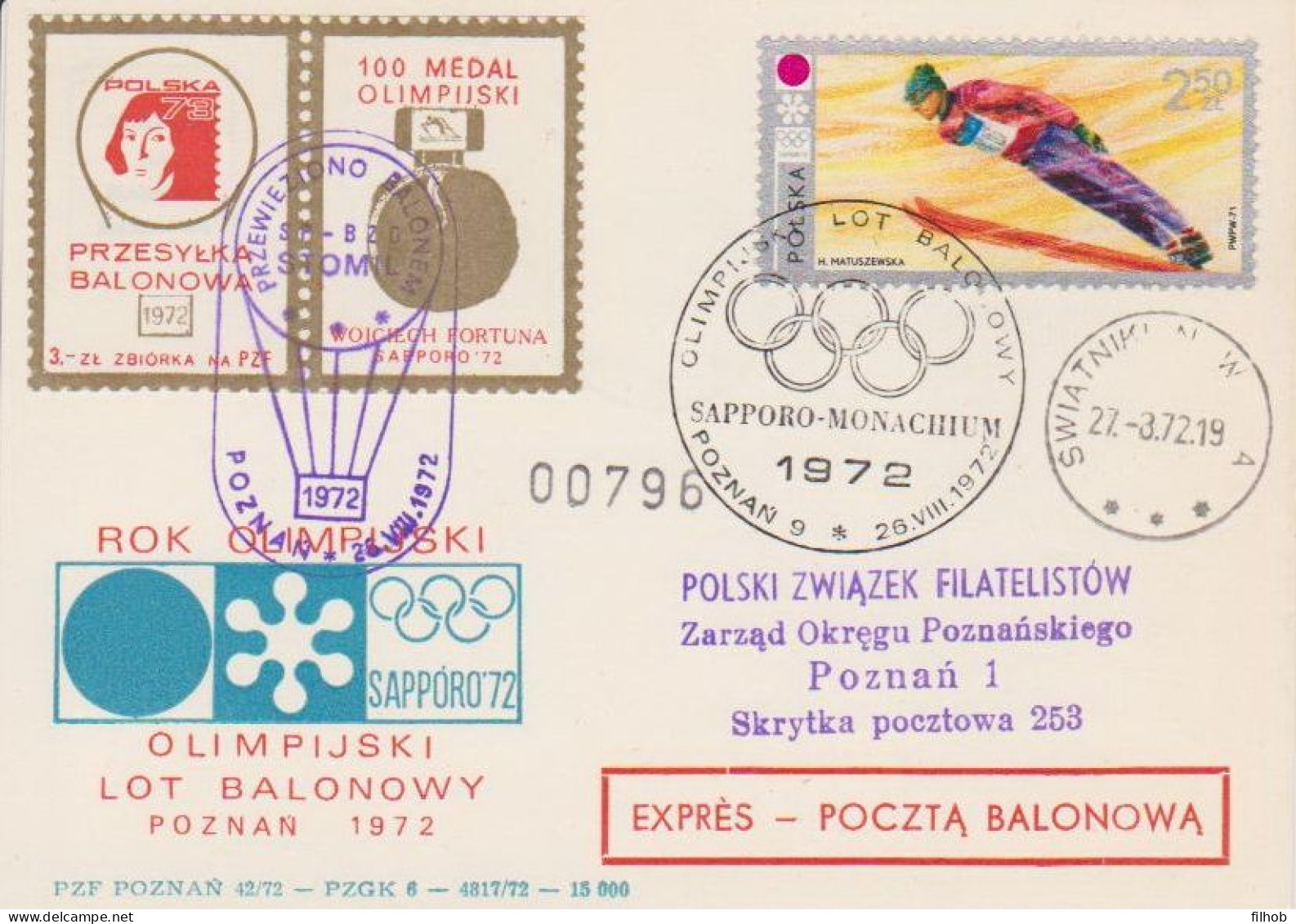 Poland Post - Balloon PBA.1972.poz.sto.D01: Sport Olympic Flight Poznan Sapporo Monachium - Ballonpost