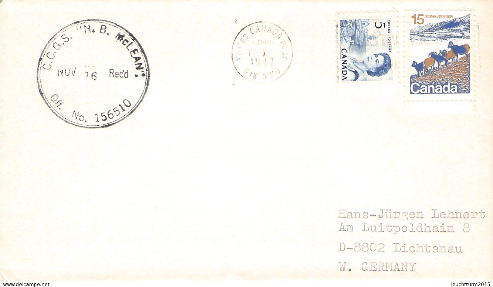 CANADA - LETTER 1977 C.C.G.S. "N. B. McLEAN". >GERMANY / ZG76 - Lettres & Documents
