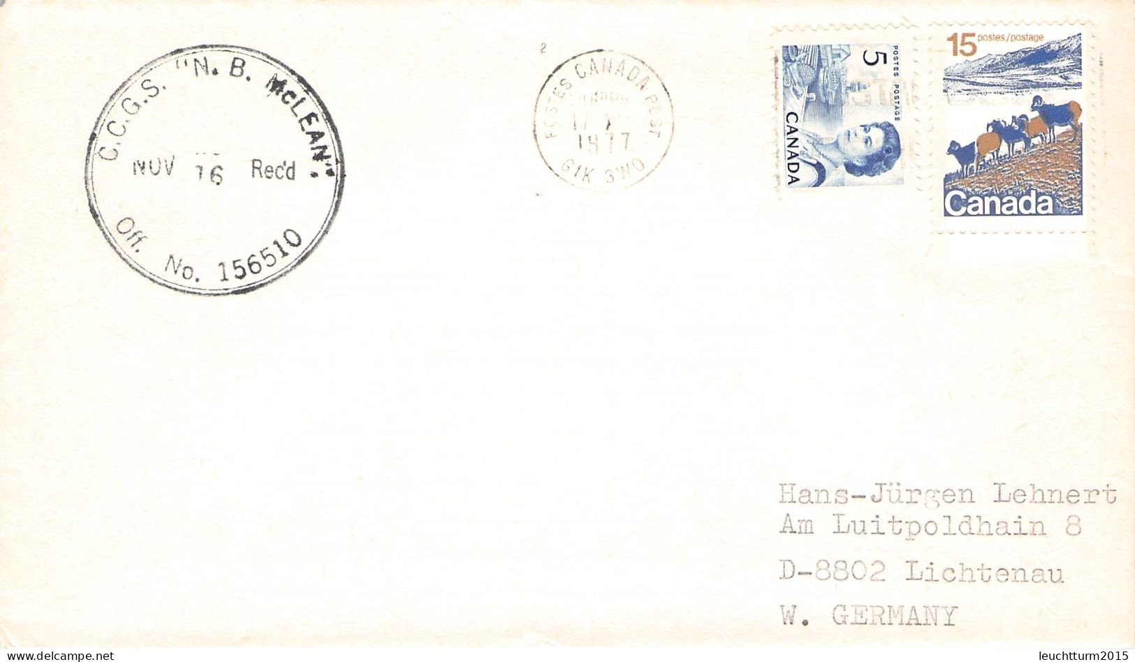 CANADA - LETTER 1977 C.C.G.S. "N. B. McLEAN". >GERMANY / ZG76 - Cartas & Documentos