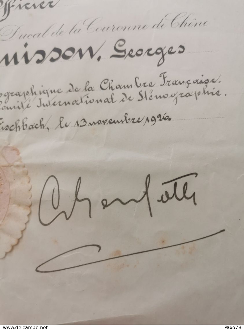 Diplôme Officier Couronne Et Chêne, Signé Par La Grand-Duchesse Charlotte, Fischbach 1926 Avec Sceau - Lettres & Documents