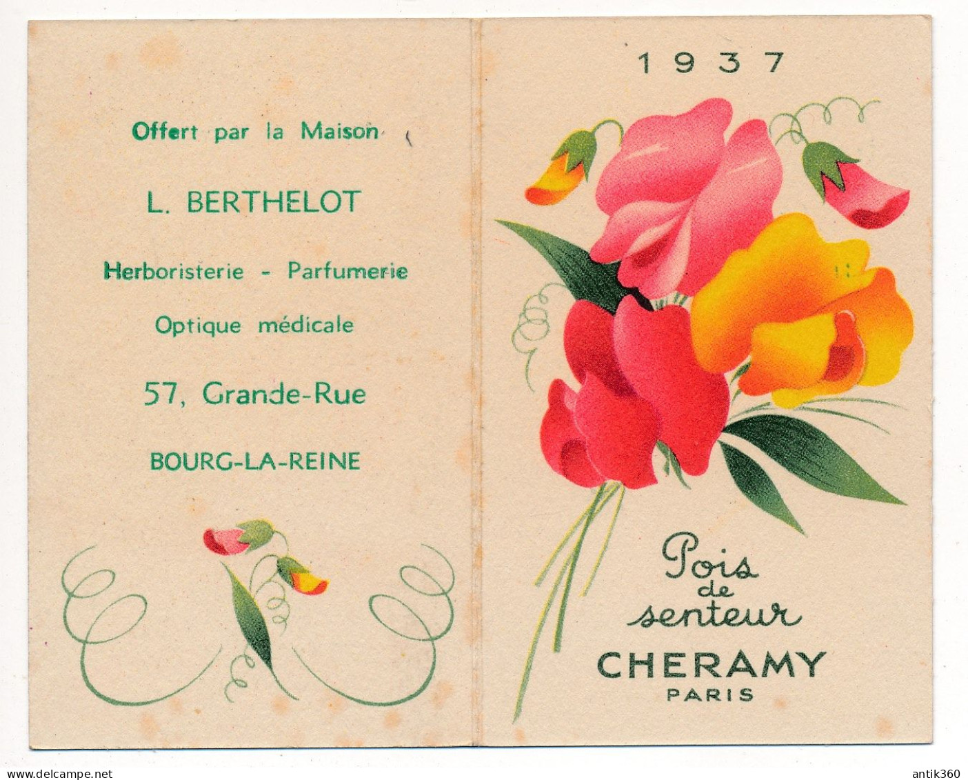 Ancienne Carte Parfumée Publicitaire Calendrier 1937 POIS DE SENTEUR CHERAMY Paris Parfum Perfume Card - Profumeria Antica (fino Al 1960)