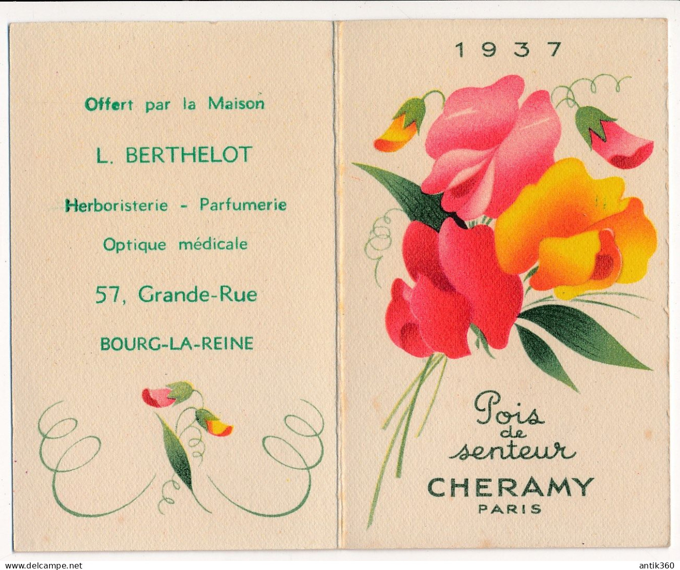 Ancienne Carte Parfumée Publicitaire Calendrier 1937 POIS DE SENTEUR CHERAMY Paris Parfum Perfume Card - Antiguas (hasta 1960)