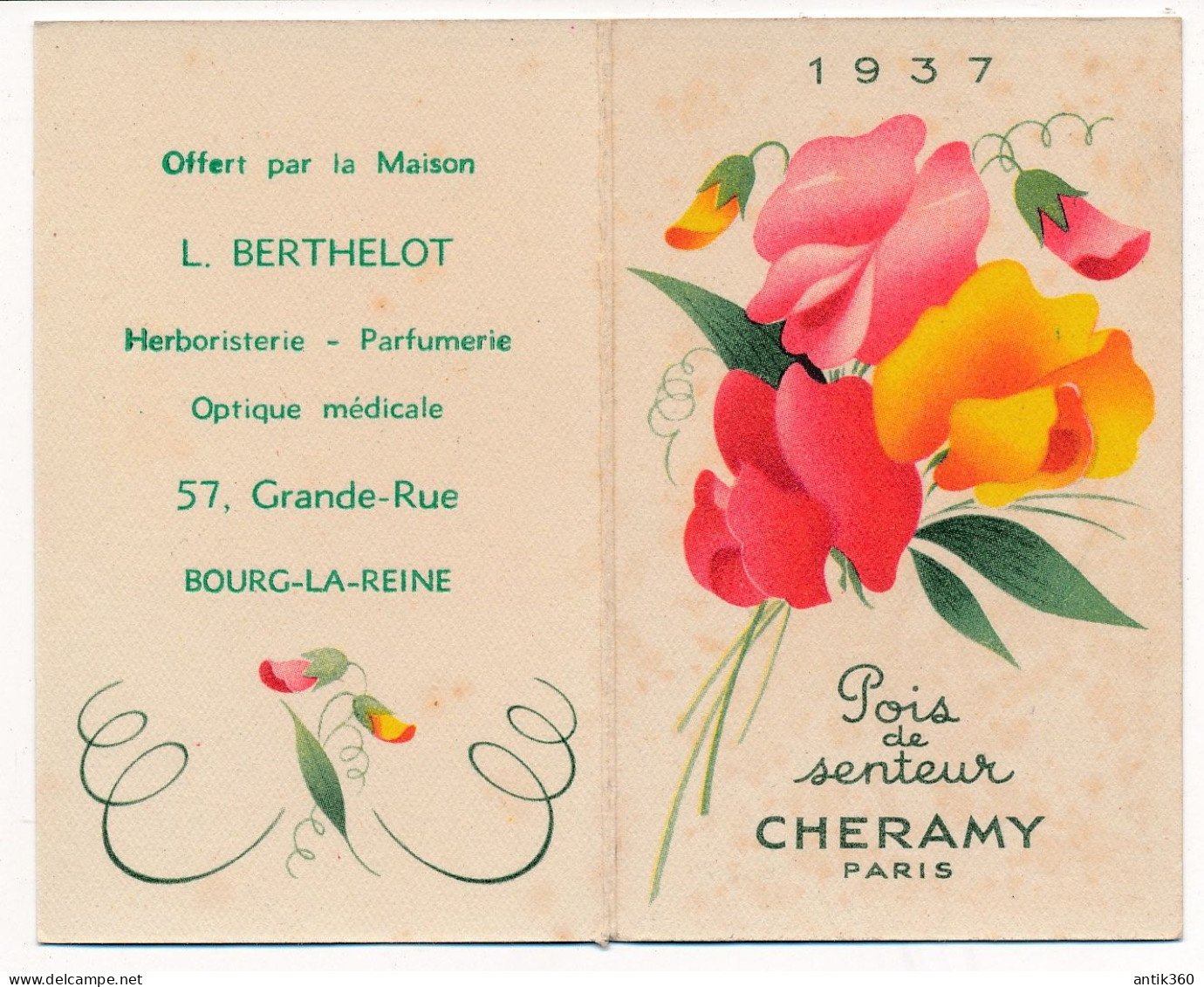 Ancienne Carte Parfumée Publicitaire Calendrier 1937 POIS DE SENTEUR CHERAMY Paris Parfum Perfume Card - Anciennes (jusque 1960)