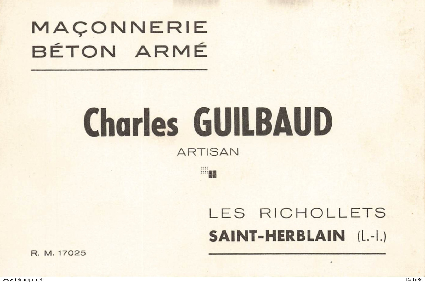 St Herblain * Maçonnerie Béton Armé Charles GUILBAUD Les Richollets * Carte De Visite Ancienne - Saint Herblain