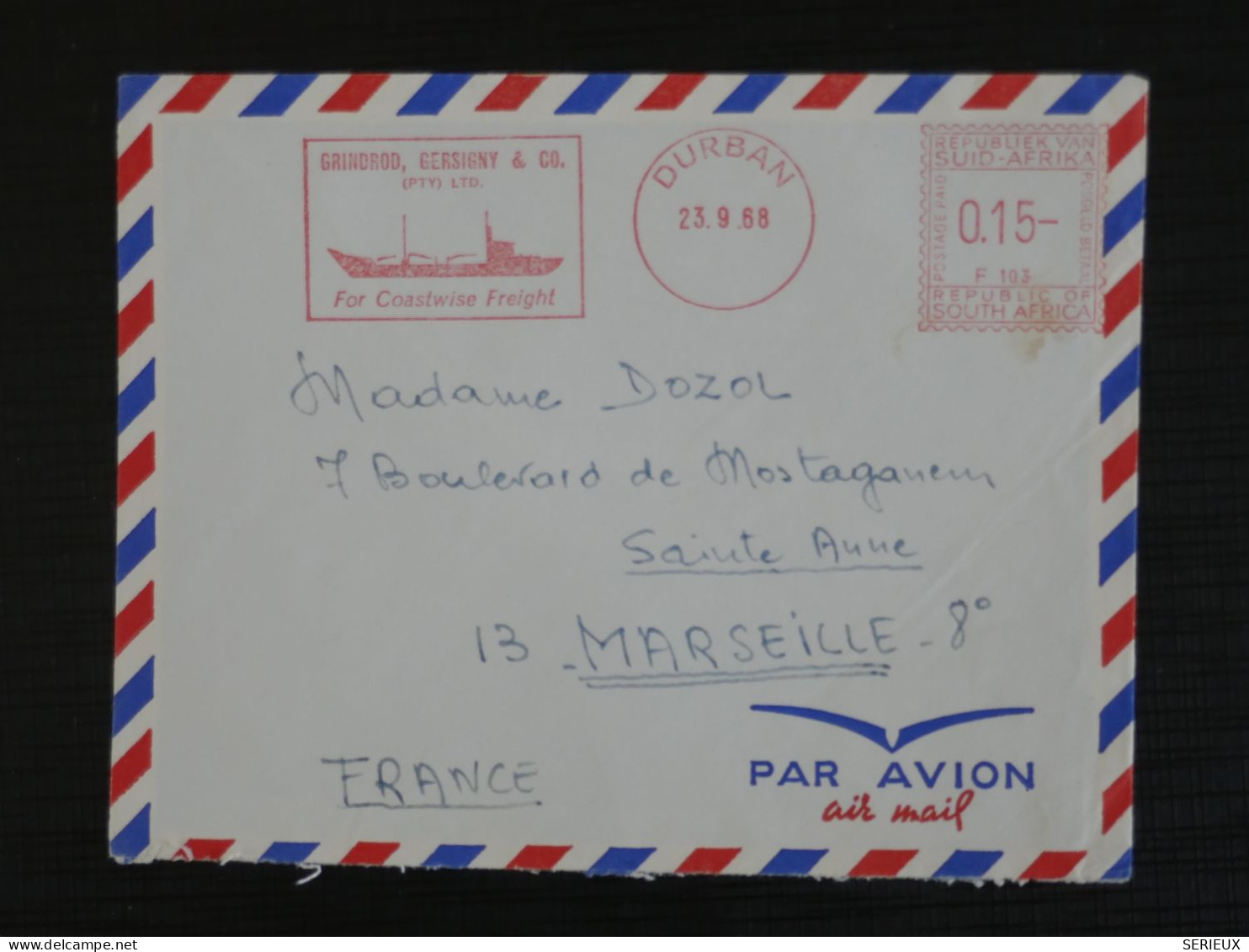 BU15 AFRIQUE SUD  LETTRE  MARITIME  1988  DURBAN   A  MARSEILLE  FRANCE + AFF. INTERESSANT ++ - Cartas & Documentos