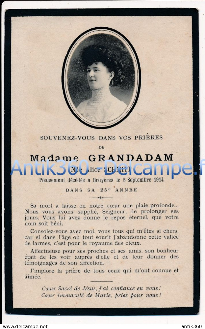 Image Pieuse Memento Mori Généalogie Faire-part Décès Madame GRANDADAM Née Alice SCHMITT 26 Ans Bruyères (88) Vosges WW1 - Todesanzeige