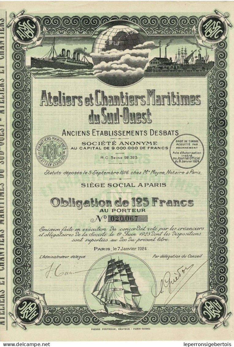 Titre De 1924 - Ateliers Et Chantiers Maritimes Du Sud-Ouest -Anciens Ets Desbats - - Navigation