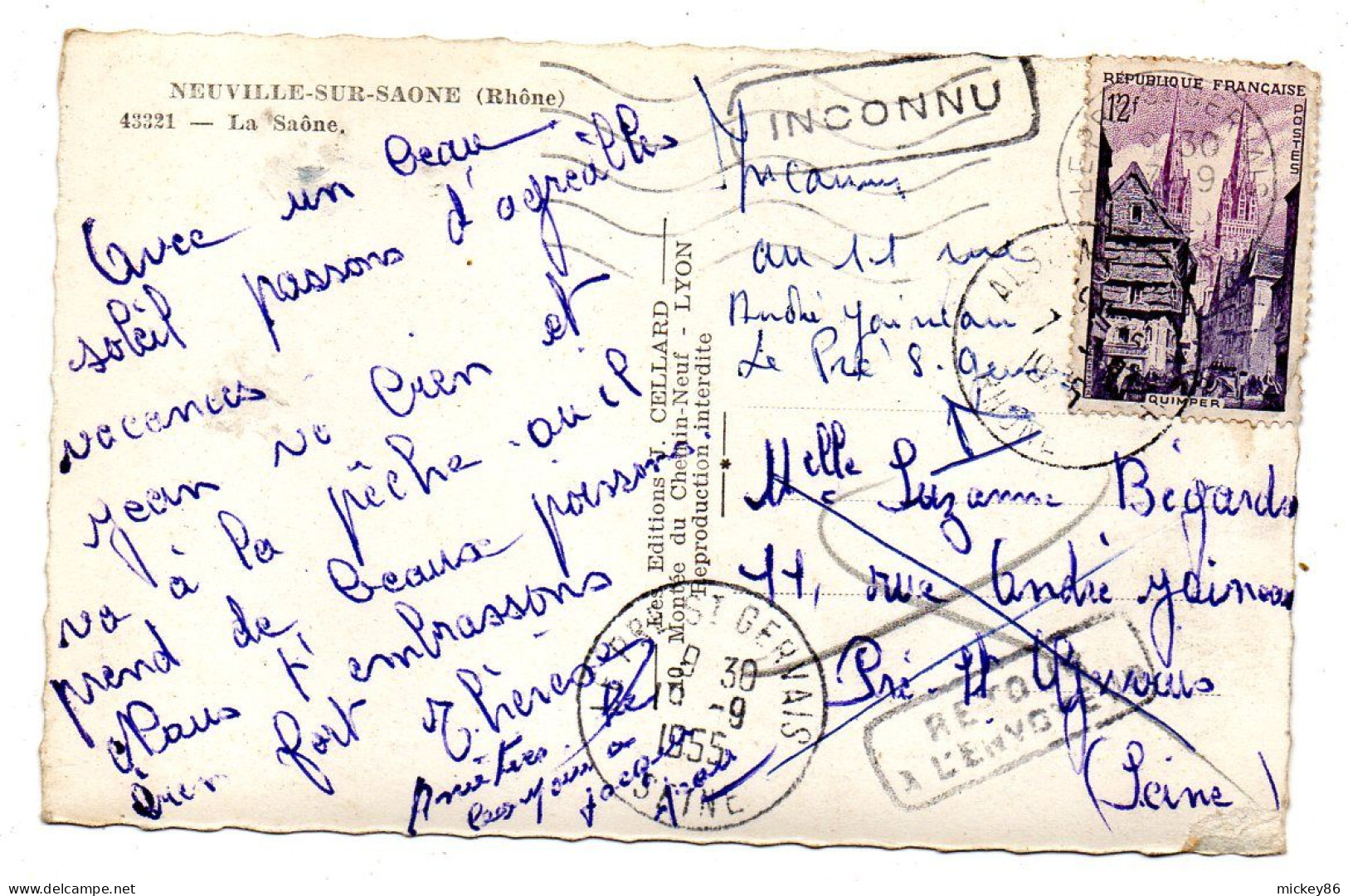NEUVILLE SUR SAONE -1955--La Saone  ( Petite Animation  ). Cachet  .timbre..griffes - Neuville Sur Saone