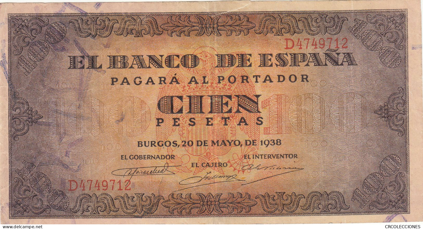 CRBS0800 BILLETE ESPAÑA 100 PESETAS 1938 CON ROTURA MBC- - 100 Peseten