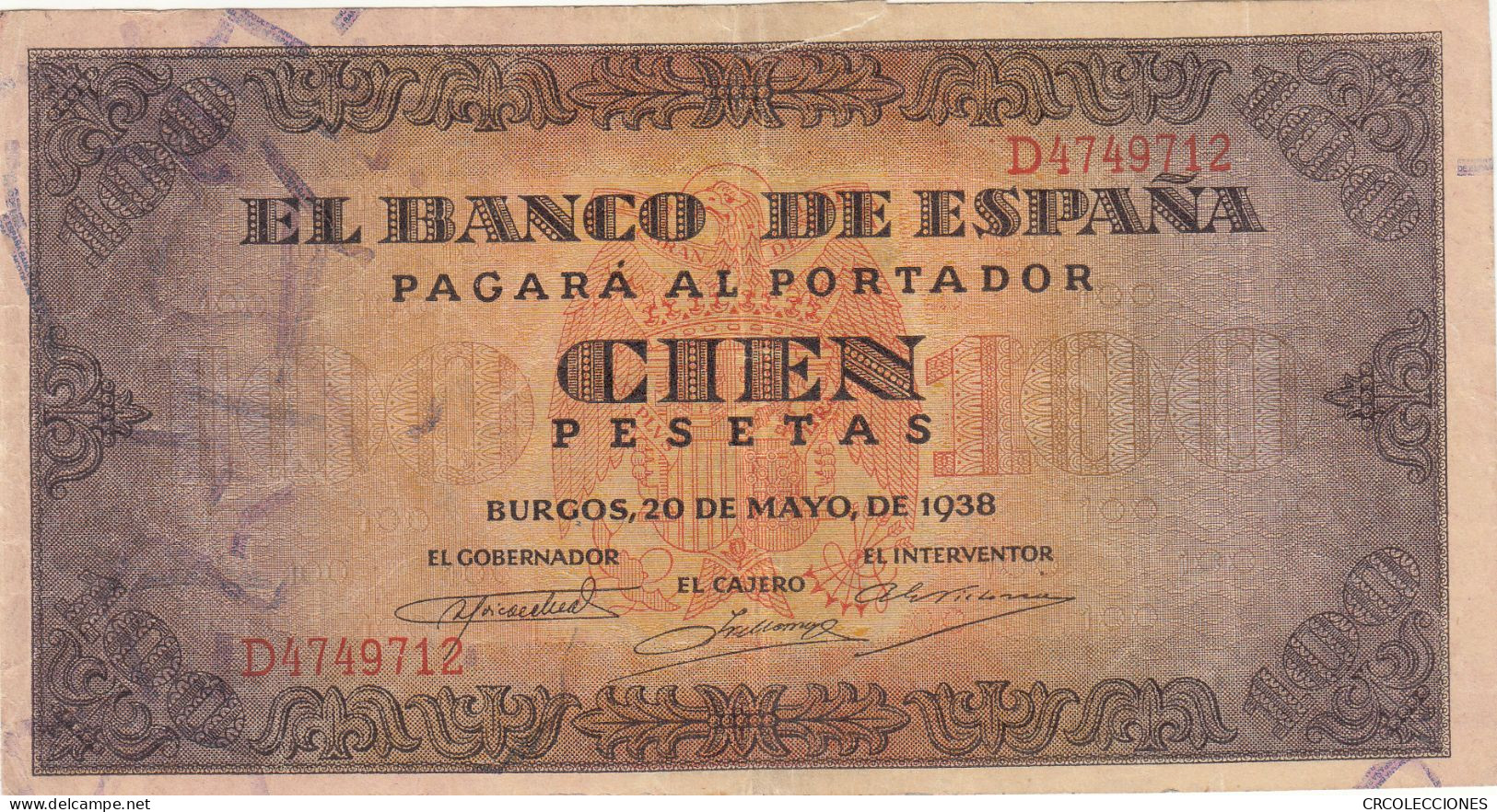 CRBS0800 BILLETE ESPAÑA 100 PESETAS 1938 CON ROTURA MBC- - 100 Pesetas