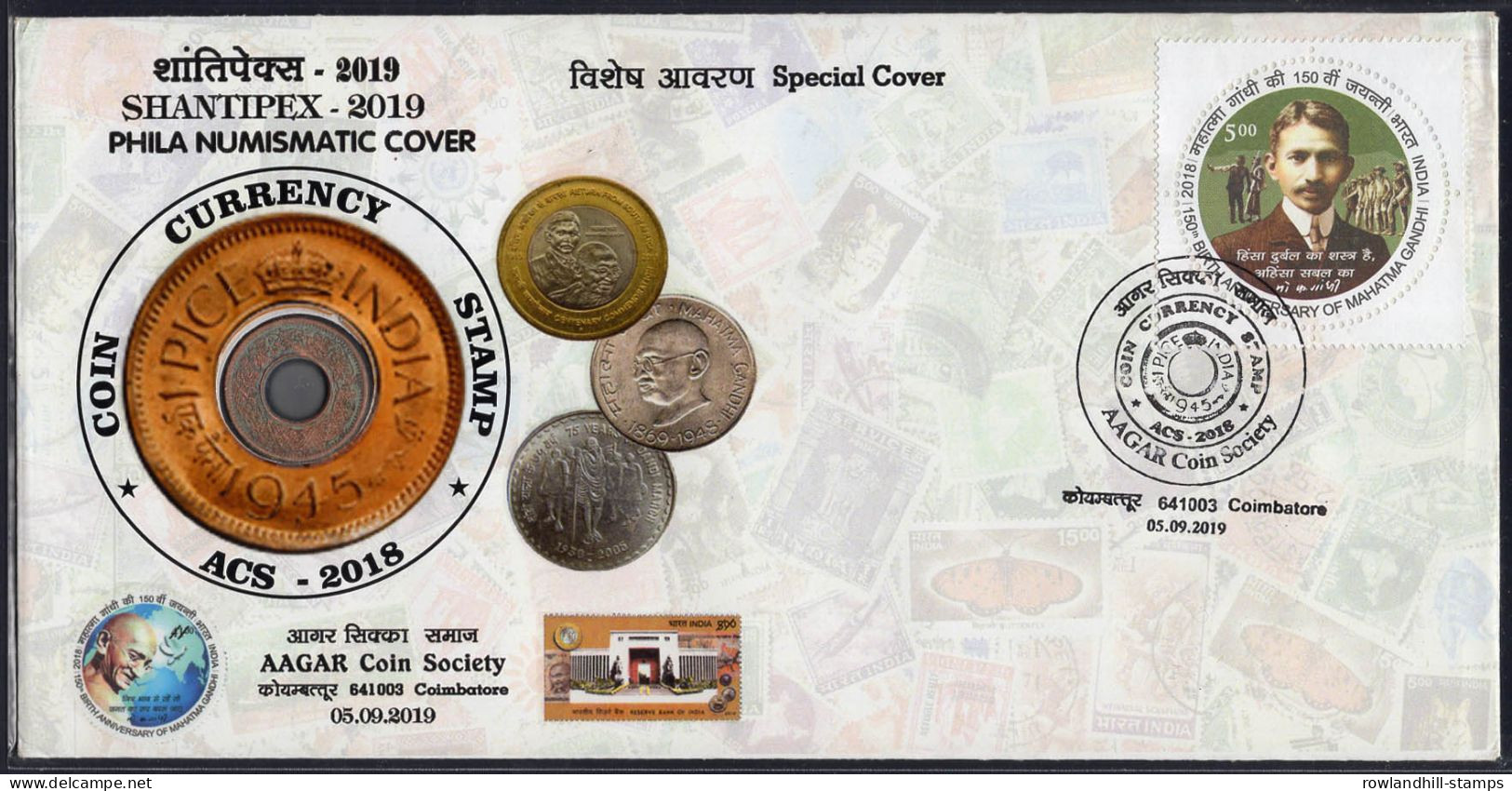 India, 2019, Special Cover, PHILA NUMISMATIC COVER, SHANTIPEX, Gandhi, Aagar Coin Society, Coin, Inde, Indien, C23 - Briefe U. Dokumente