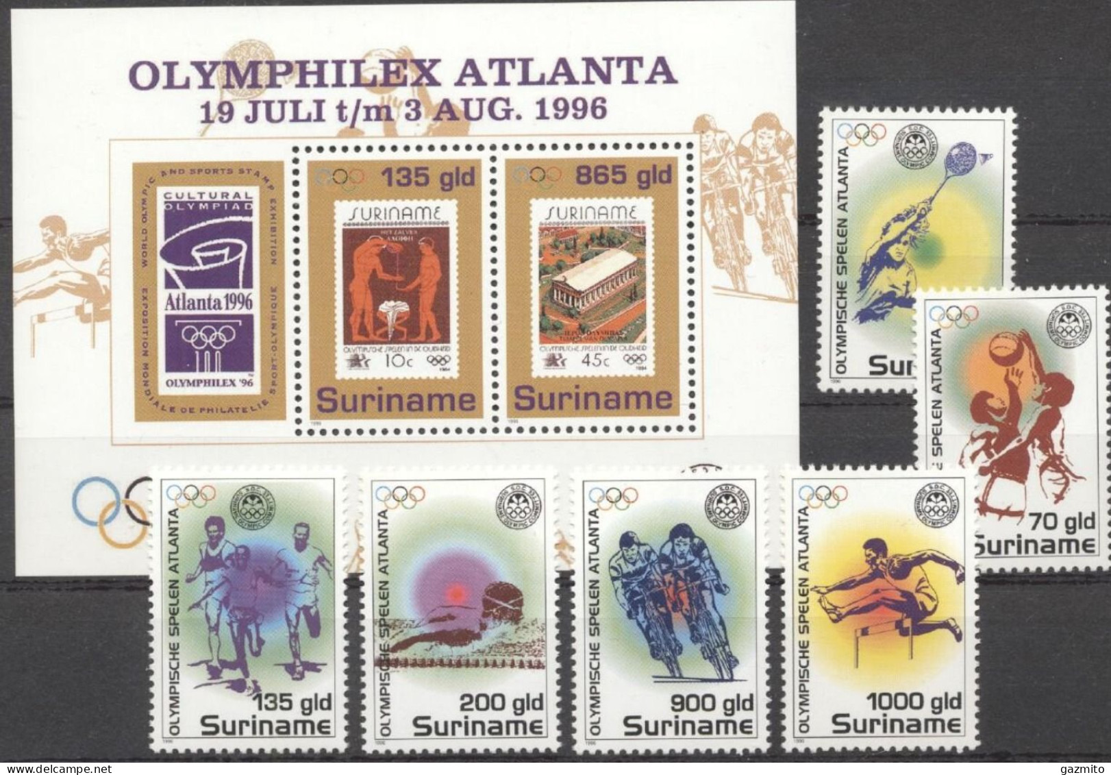 Suriname 1996, Olymphilex, Greek Archeology, Cycling, Badminton, Basketball, Basketball, Badminton, 6val+BF - Bádminton