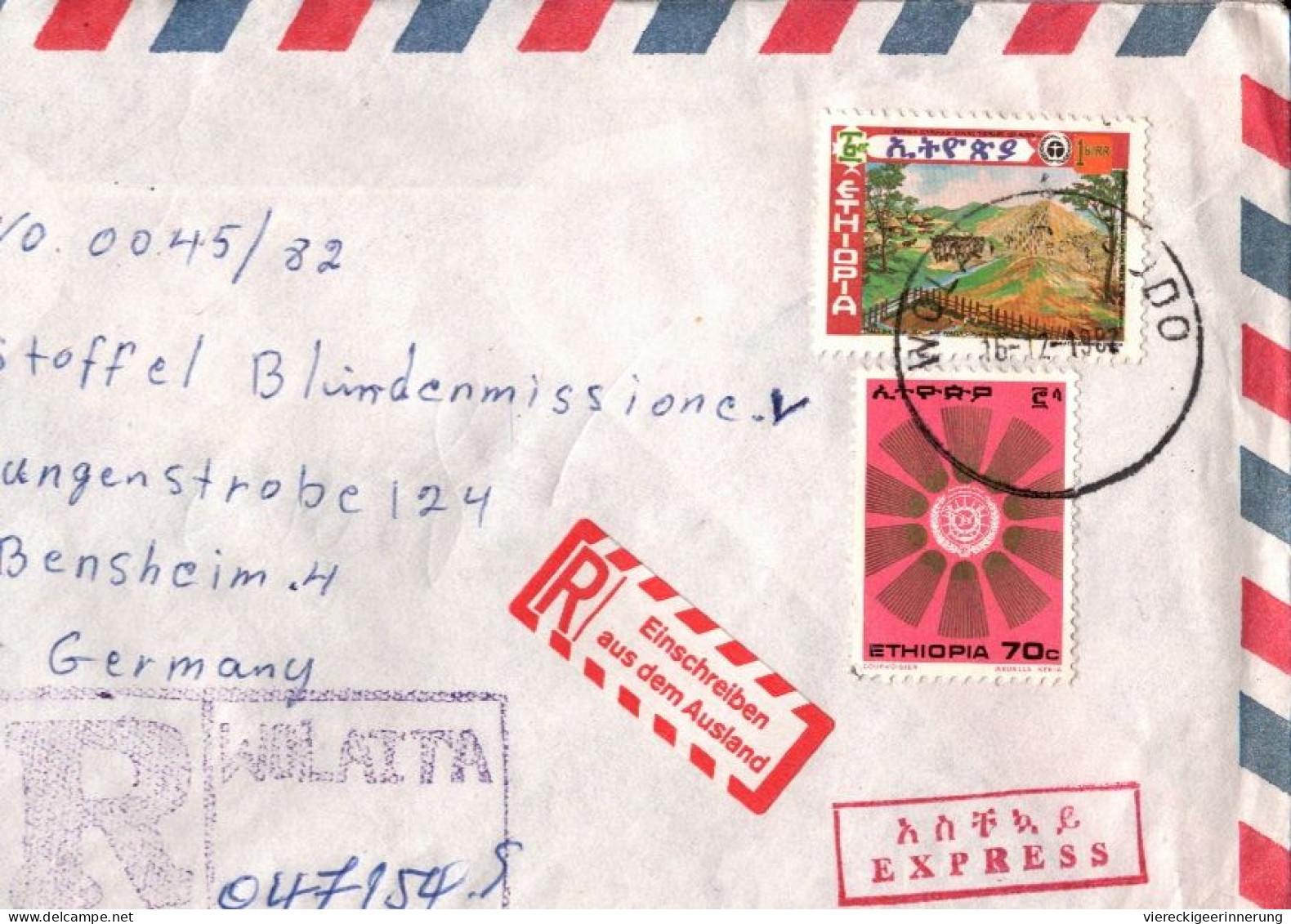 ! Äthiopien, Lot of 7 airmail covers from Ethiopia, meist an Blindenmission, registered