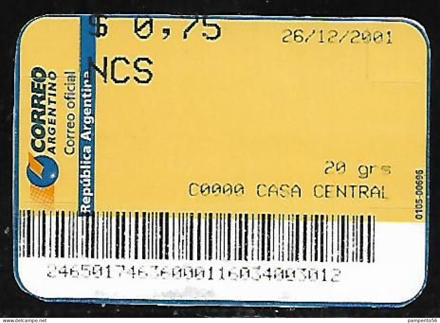 ARGENTINA - AÑO 2001 - Etiqueta De Franqueo NCS 20 Grs - Casa Central - Franking Labels