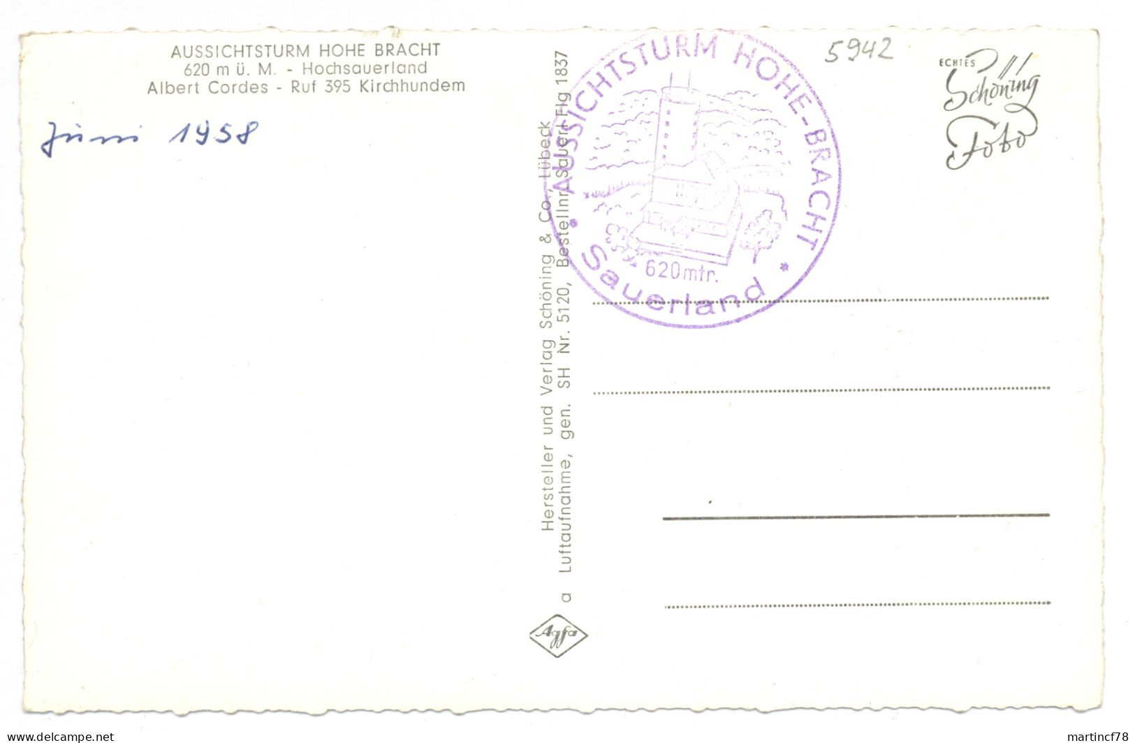 5942 Kirchhundem Hochsauerland Aussichtsturm Hohe Bracht 620 M ü. M. Schöning Luftbild 1958 - Olpe