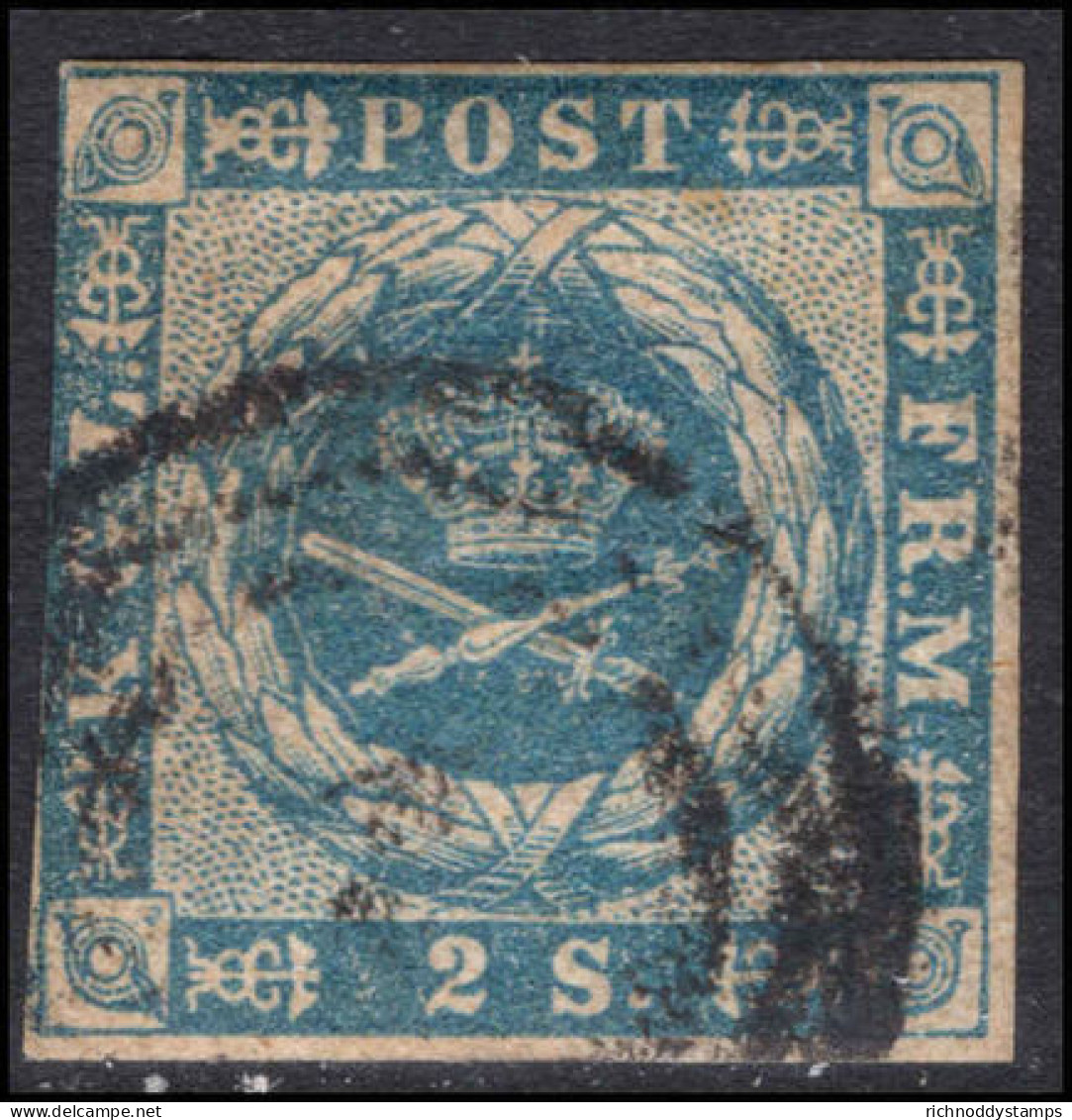 Denmark 1854-59 2sk Blue 3 Margins Fine Used. - Used Stamps