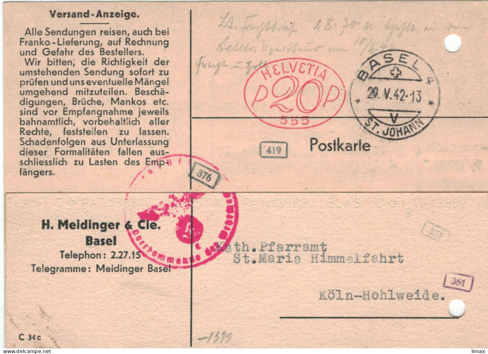 H. Meidinger & Cie Basel St. Johann 1942 Hasler Nr. 555 1942 > Köln Zensur OKW IA Orgel-Bau-Anstalt - Postage Meters