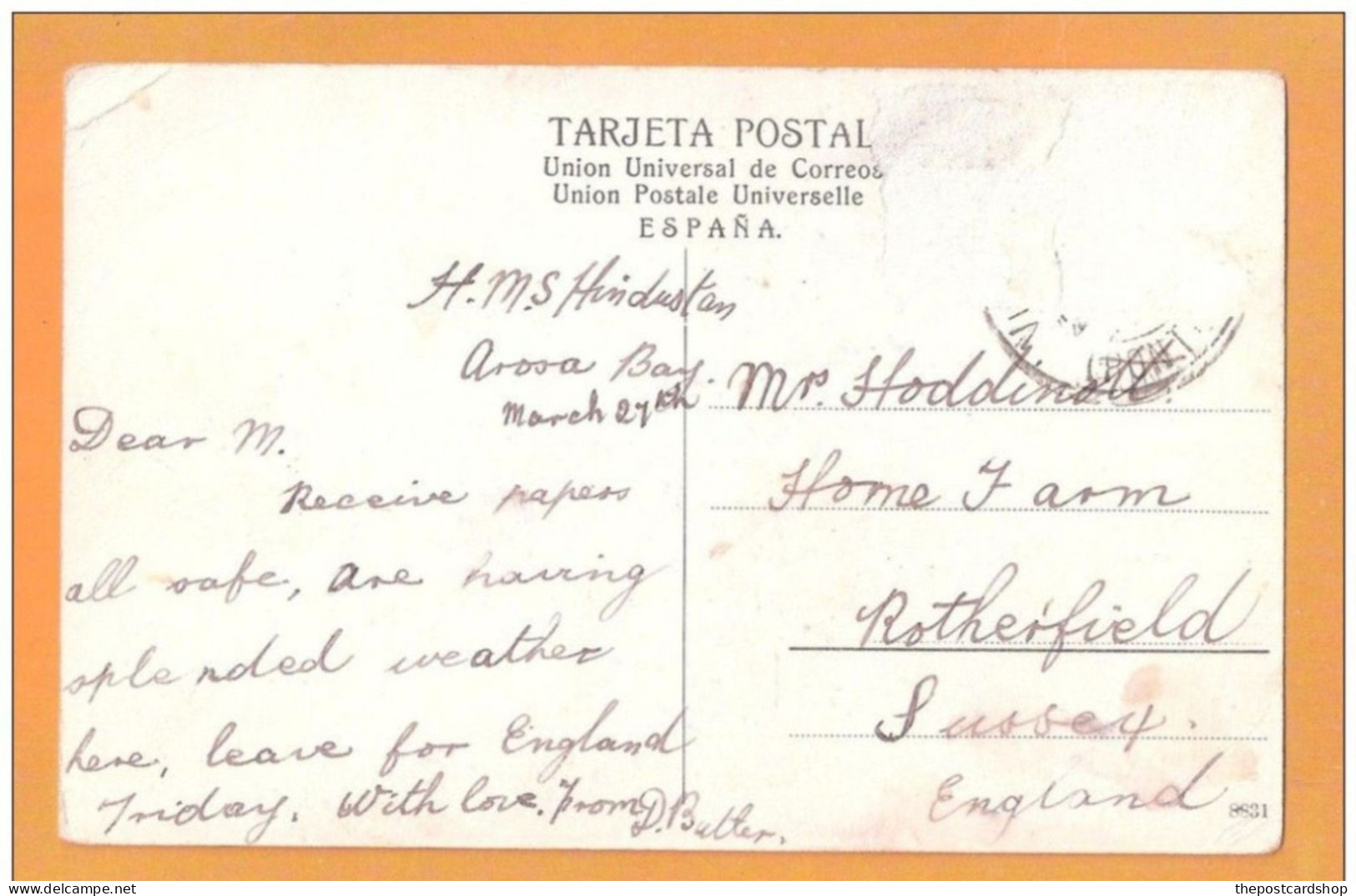 España Spain Galicia Isla De Cortegada Tarjeta Postal - Vintage 1910 Postcard USED 1910 Hms Hinduston - Pontevedra