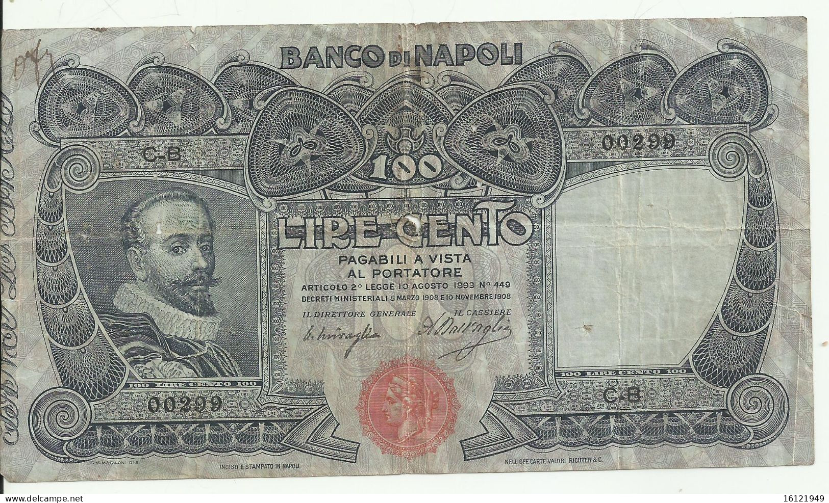 Z01 - 100 LIRE BANCO DI NAPOLI -MIRAGLIA - DALL'AGLIO RR - Other & Unclassified