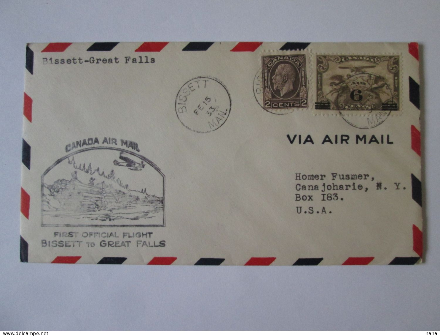 Canada/Bissett-Great Falls Premier Vol Officielle Enveloppe 1933/Official First Flight Cover 1933 - Premiers Vols