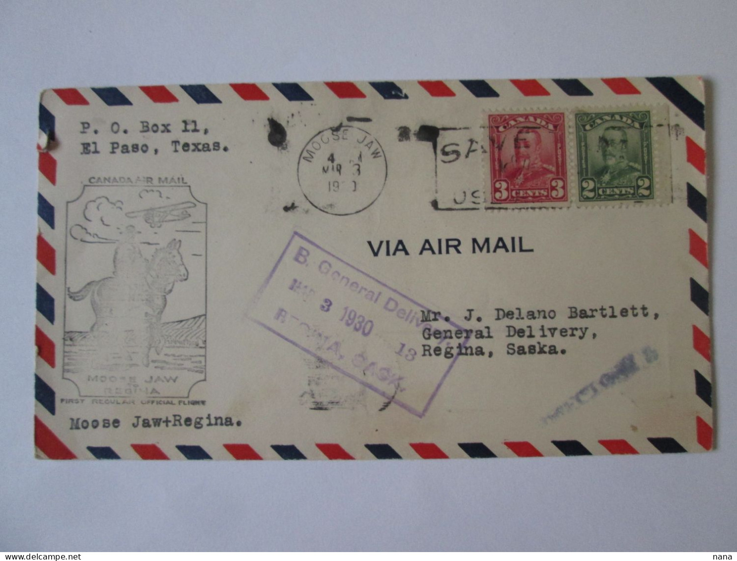 Canada/Moose Jaw-Regina Premier Vol Officielle Enveloppe 1930/Official First Flight Cover 1930 - First Flight Covers