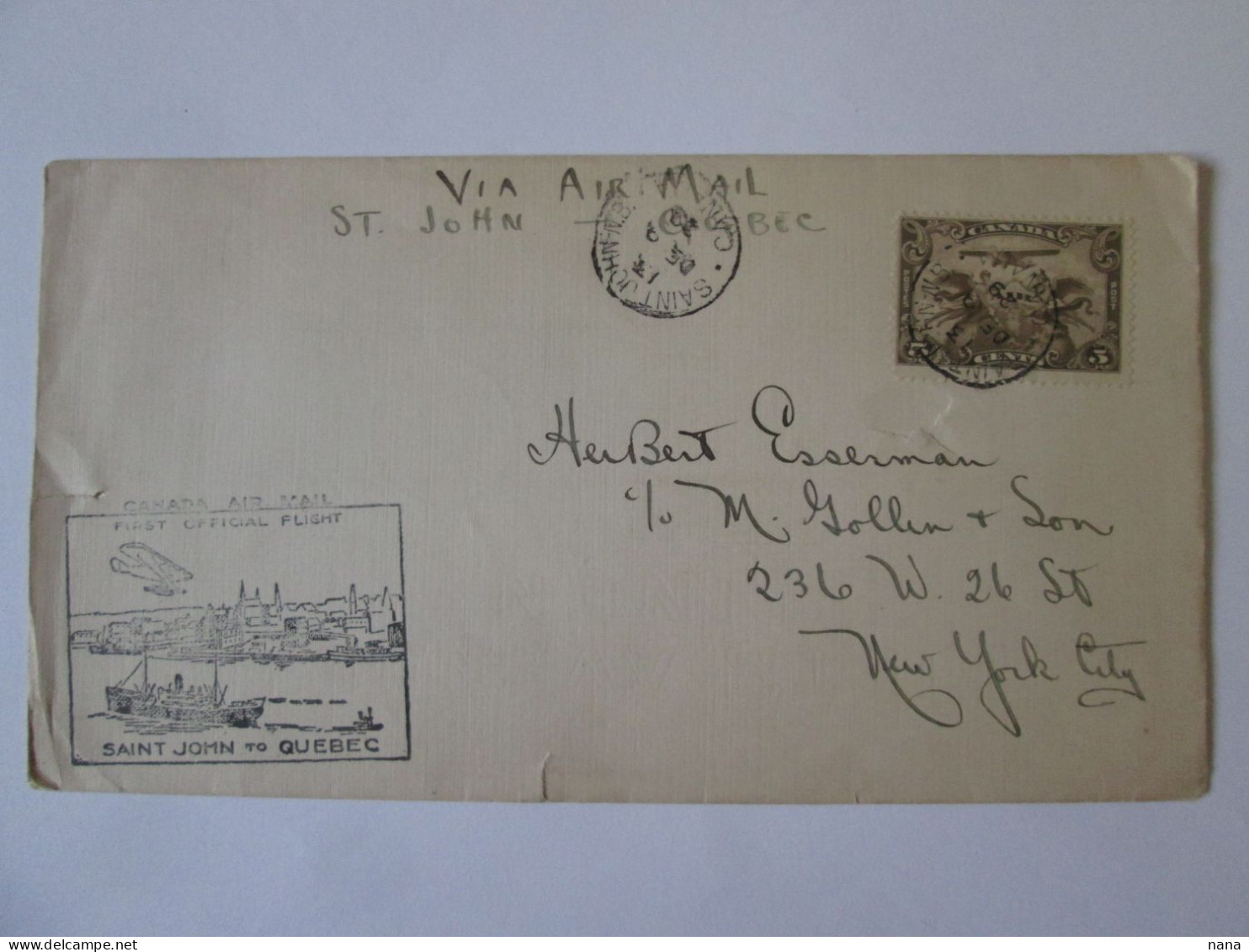 Canada/Saint John-Quebec Premier Vol Officielle Enveloppe 1929/Official First Flight Cover 1929 - Primi Voli