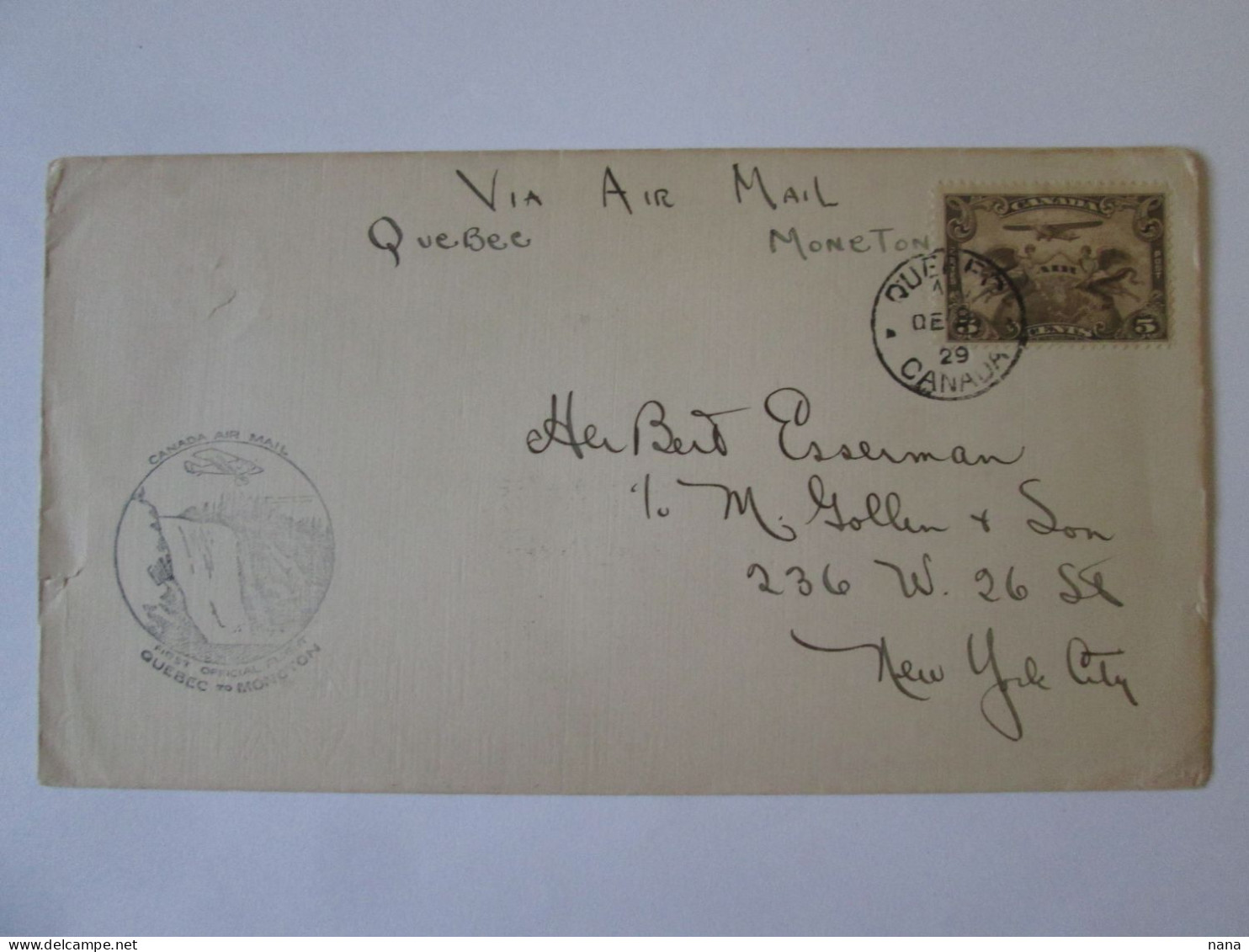 Canada/Quebec-Moncton Premier Vol Officielle Enveloppe 1929/Official First Flight Cover 1929 - First Flight Covers