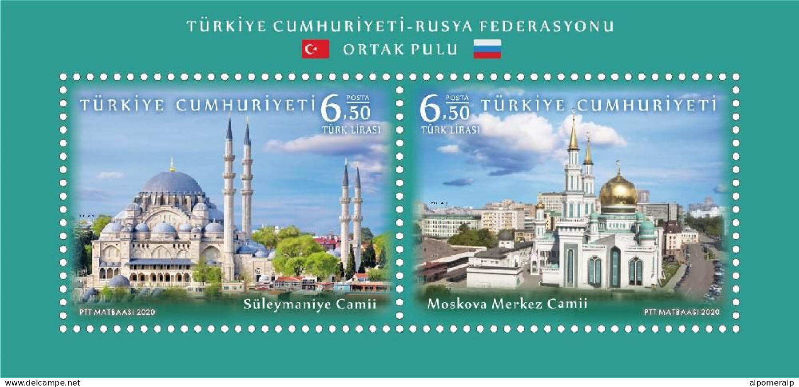 Türkiye 2020 Mi 4617-4618 MNH [Block 204] Russia Joint Issue, Suleymaniye Mosque, Istanbul - Central Mosque, Moscow - Moscheen Und Synagogen