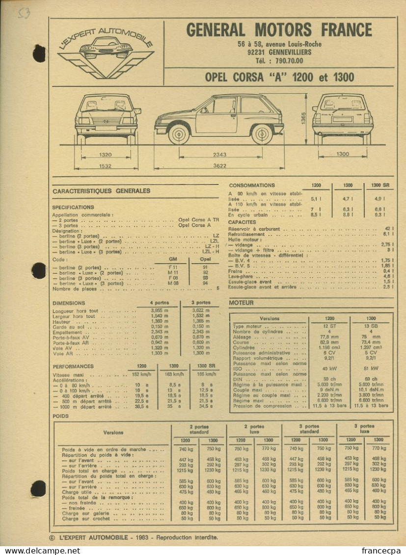 053 - FICHE TECHNIQUE COMPLETE DES CARACTERISTIQUES ET  REGLAGES - OPEL CORSA A 1200 Et 1300 - Voitures