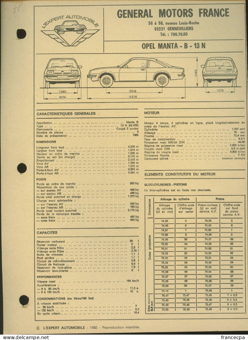 055 - FICHE TECHNIQUE COMPLETE DES CARACTERISTIQUES ET  REGLAGES - OPEL MANTA - B - 13 N - Voitures