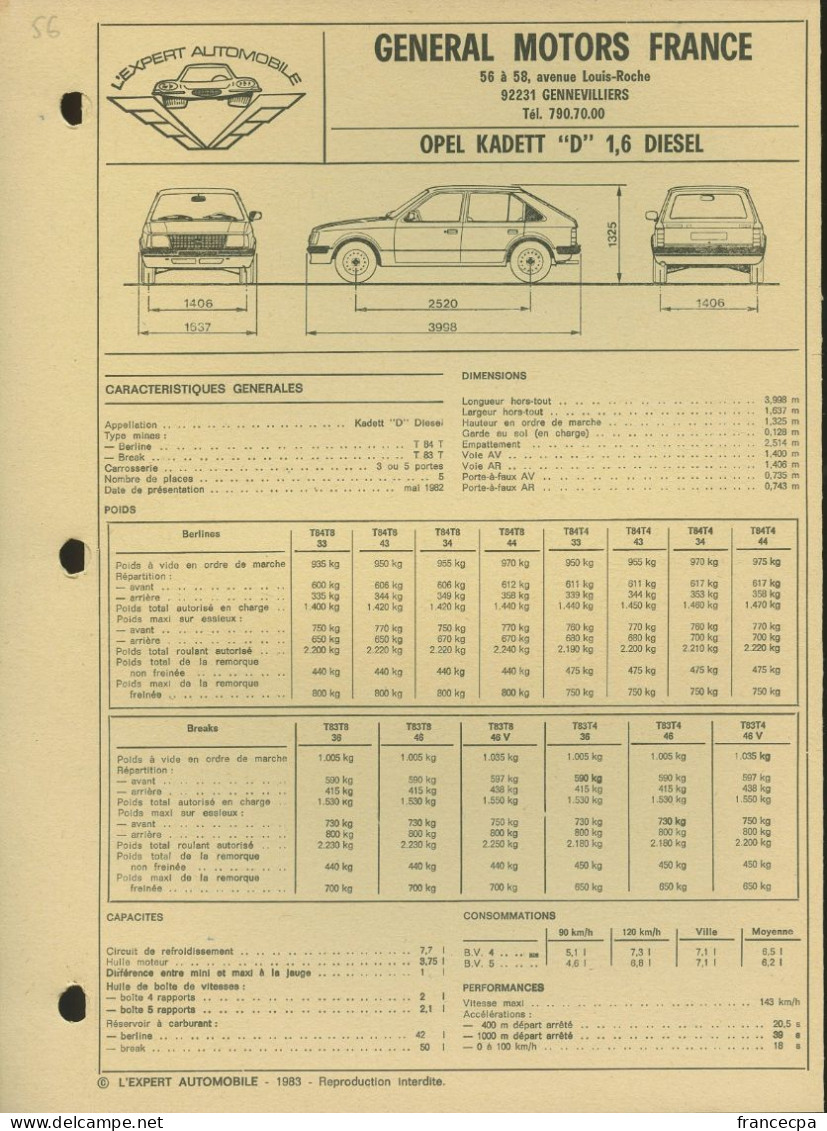 056 - FICHE TECHNIQUE COMPLETE DES CARACTERISTIQUES ET  REGLAGES - OPEL KADETT D 1,6 DIESEL - Voitures