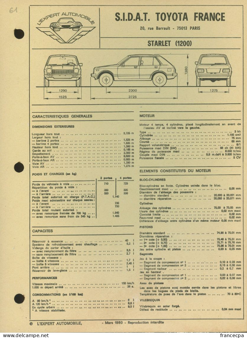 061 - FICHE TECHNIQUE COMPLETE DES CARACTERISTIQUES ET  REGLAGES - TOYOTA STARLET 1200 - Voitures