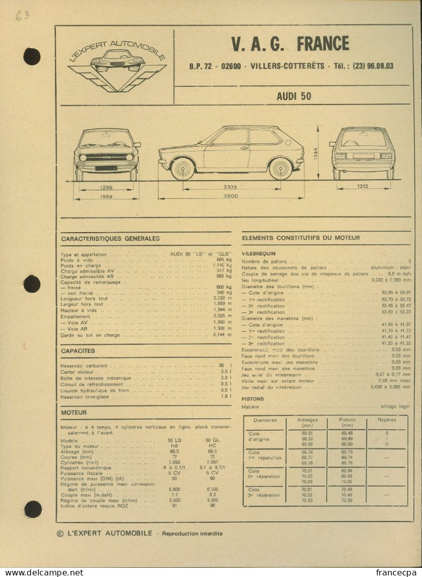 063 - FICHE TECHNIQUE COMPLETE DES CARACTERISTIQUES ET  REGLAGES - AUDI 50 - Voitures