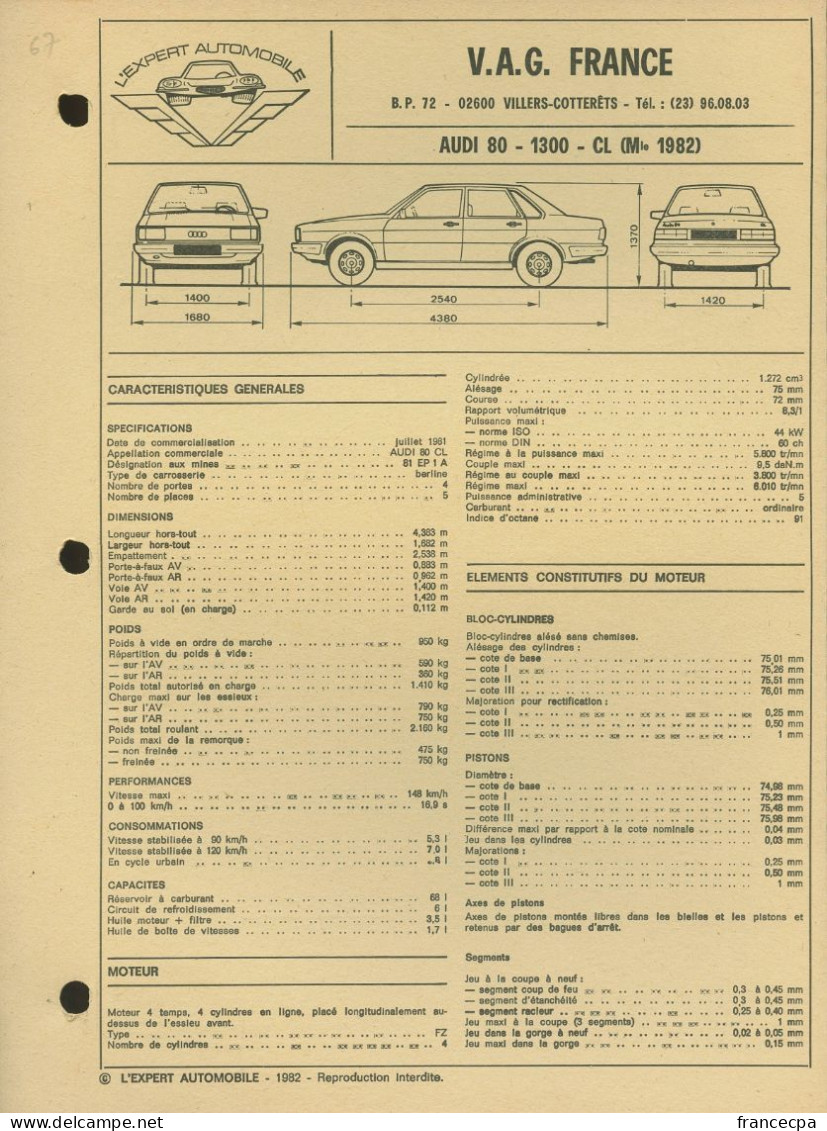 067 - FICHE TECHNIQUE COMPLETE DES CARACTERISTIQUES ET  REGLAGES - AUDI 80 - 1300 - CL Mle 1982 - Voitures