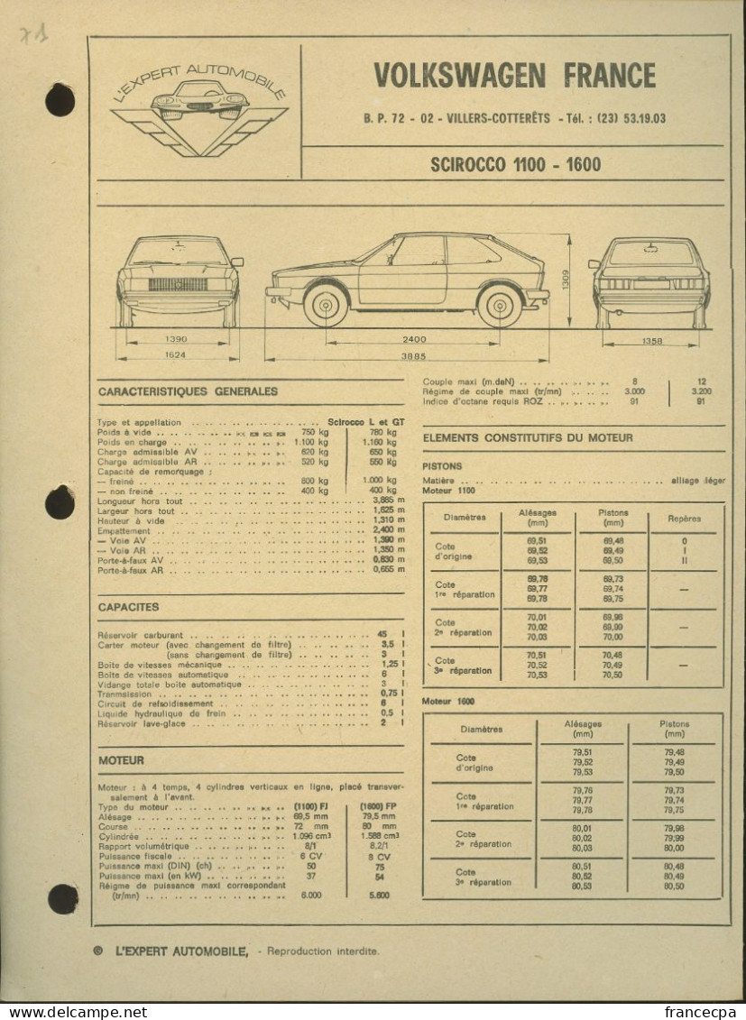 071 - FICHE TECHNIQUE COMPLETE DES CARACTERISTIQUES ET  REGLAGES - VOLKSWAGEN SIROCCO 1100 - 1600 - Voitures