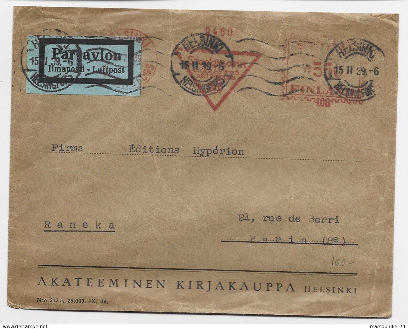 FINLAND SUOMI EMA 550 LETTRE COVER AVION HELSINKI 1939 TO FRANCE - Lettres & Documents