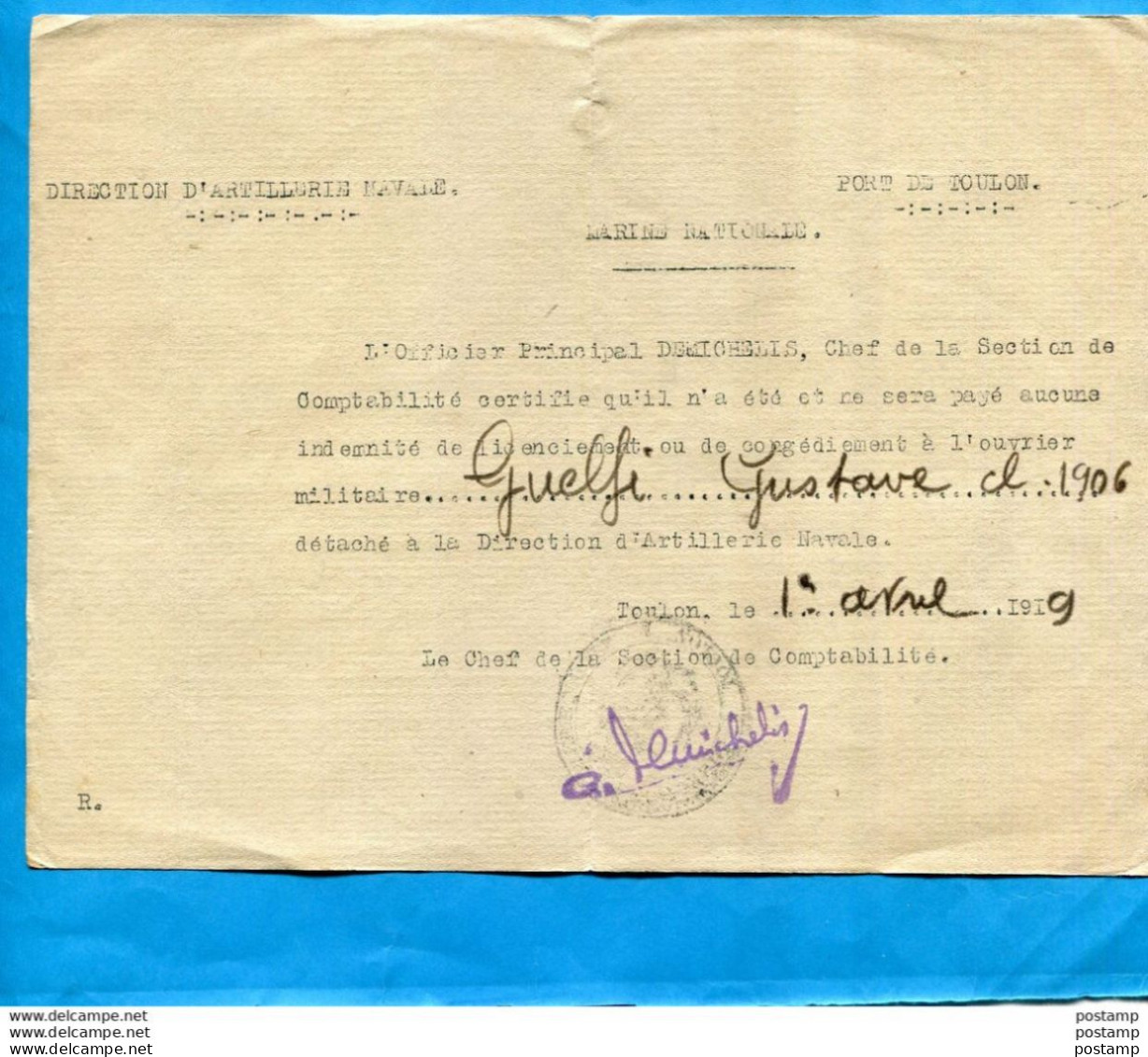 Livret Direction Artillerie Navale.  TOULON-Ouvriers Militaires13 JANVIER 1917+Fin De Service 1er Avril 1919 Sans Ind - Boats