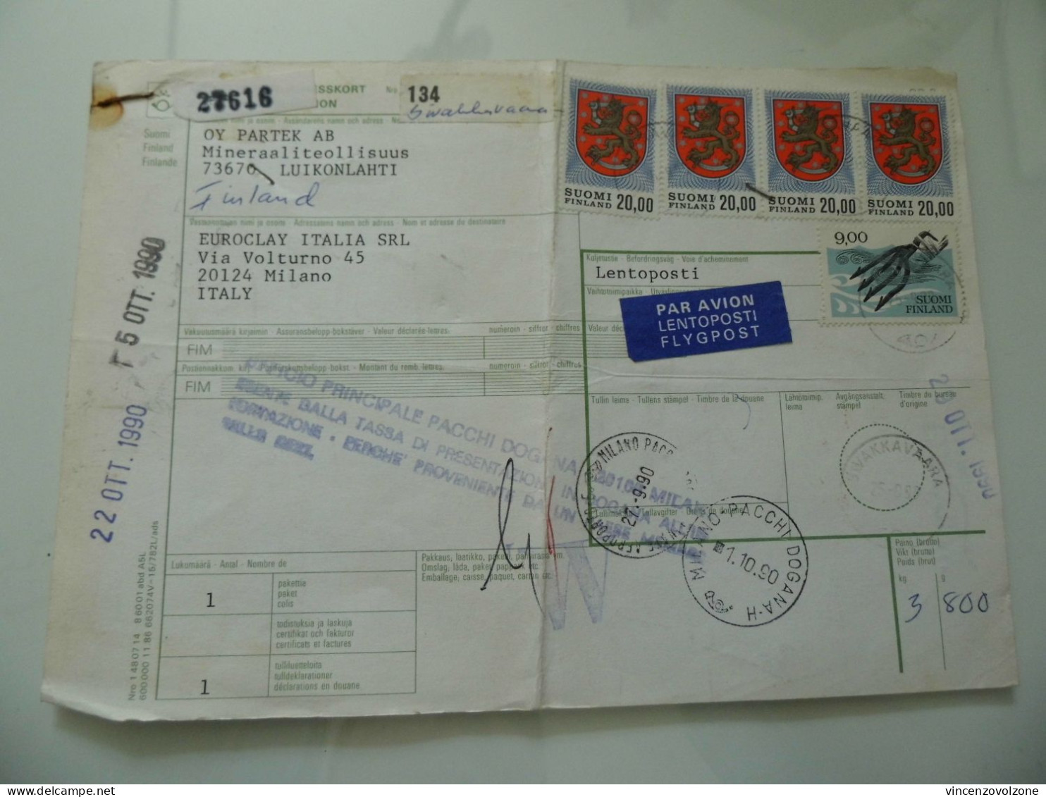 BOLLETTINO PACCO  PER L'ITALIA  VIA AEREA   - DOGANA 1990 - Paquetes Postales