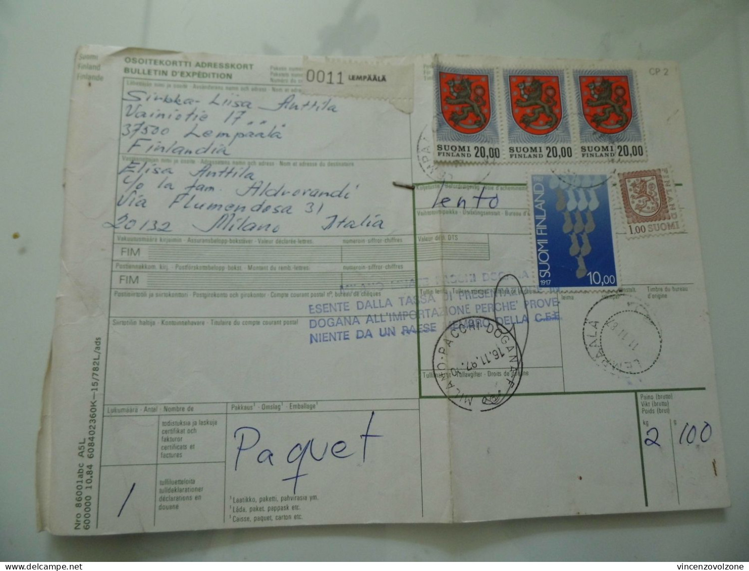 BOLLETTINO PACCO  PER L'ITALIA  VIA AEREA   - DOGANA 1987 - Paquetes Postales